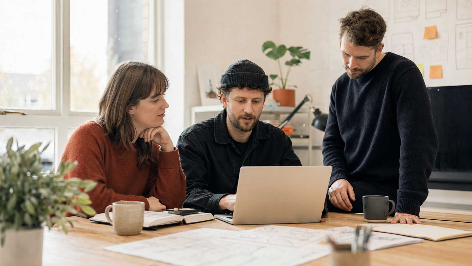 The Blosm team collaborating in a bright studio while building websites for tradespeople