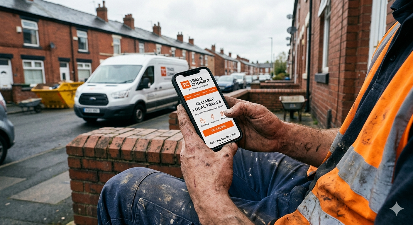 Tradesperson checking their Blosm website on their phone between jobs