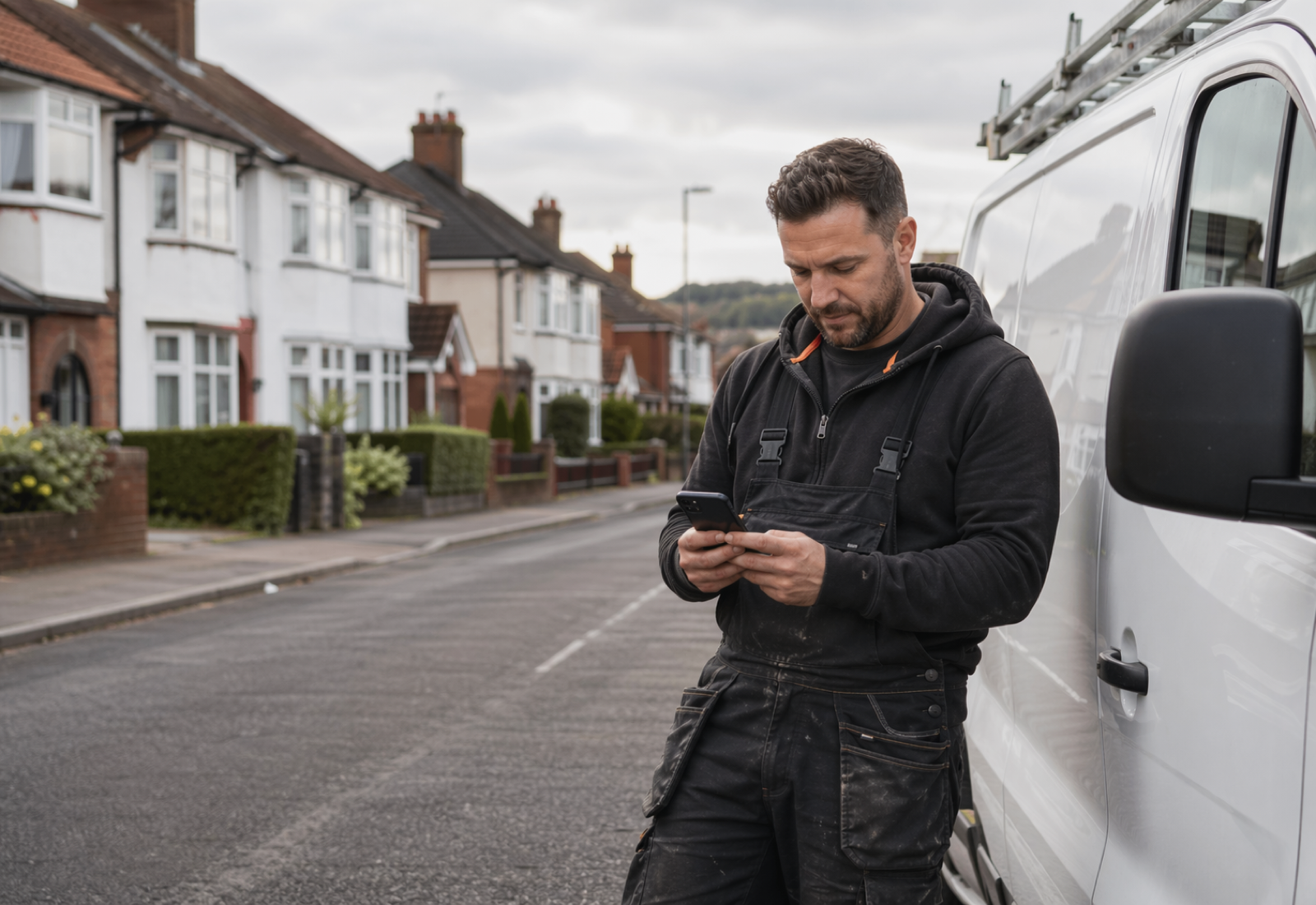 Trades business owner checking their website on a phone beside a white van between jobs